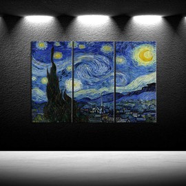 iKNOW FOTO Large 3 Panel Canvas Painting Wall Art Starry Night by Van Gogh Famous Oil Paintings Reproduction Modern Giclee Canvas Prints Artwork for Home Office Decorations 16x32inchx3pcs