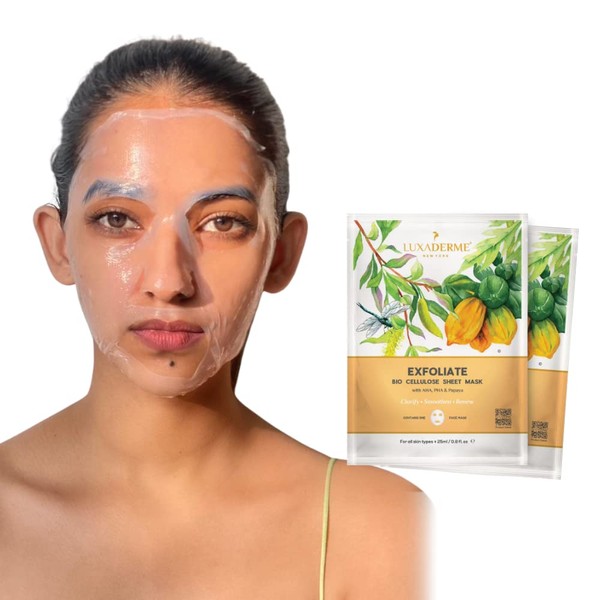 LuxaDerme Exfoliate Bio Cellulose Face Sheet Mask with antioxidants - Green Tea & Papaya Serum. Exfoliates dead skin cells, resurfaces & moisturizes skin. All skin types. 100% Fermented Coconut Jelly. (Pack of 2)