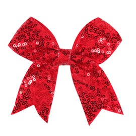 Glitter Cheer Bow Clip - 5 Inch Sequin Hair Bow with Tails for Girls Teen Softball Cheerleader Outfit Uniform-Red