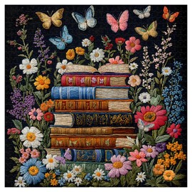 Wildflower Puzzles for Adults 1000 Pieces, PICKFORU Flower Book Blooming Bookshelf Puzzle, Wildflower Pages Jigsaw Puzzles Library, Embroidery Butterfly Plant Floral Art Theme for Book Lover