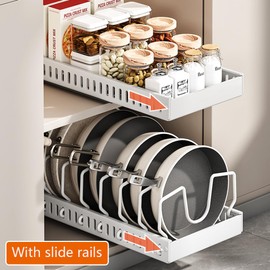 storage shelf rack for pots and pans under cabinet slide out，pot lid organizer for cabinet，pan storage rack，cooking pan,Dish Storage Rack， Baking pan storage，with 8 Adjustable Dividers