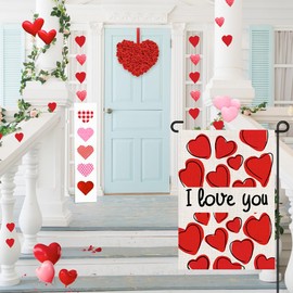 I Love You Valentines Day Garden Flags 12x18 Double Sided Burlap, Red Love Heart Anniversary Welcome Sign Small Flag Yard Outdoor Decorations DF647