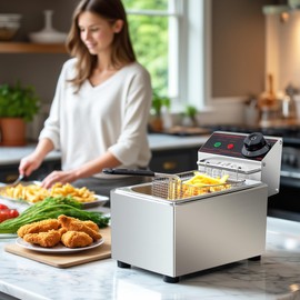 ODPFTY Deep Fryer Stainless Steel - Commercial Style Electric Fryer with Adjustable Thermostat, Rapid Heating & Oil Filtration Basket - Safe for Home Kitchen (Chips/Chicken/Donuts), 3L