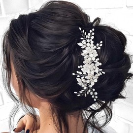 Zoestar Flower Bridal Wedding Hair Vine Silver Pearl Bridal Headband Rhinestone Leaf Hairpiece Hair Accessories for Women and Girls