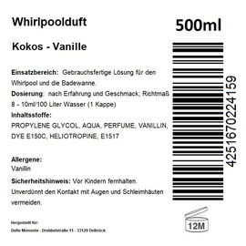 Dufte Momente Whirlpool Fragrance 500 ml Coconut Vanilla with Natural and Natural Essential Oils No Foam