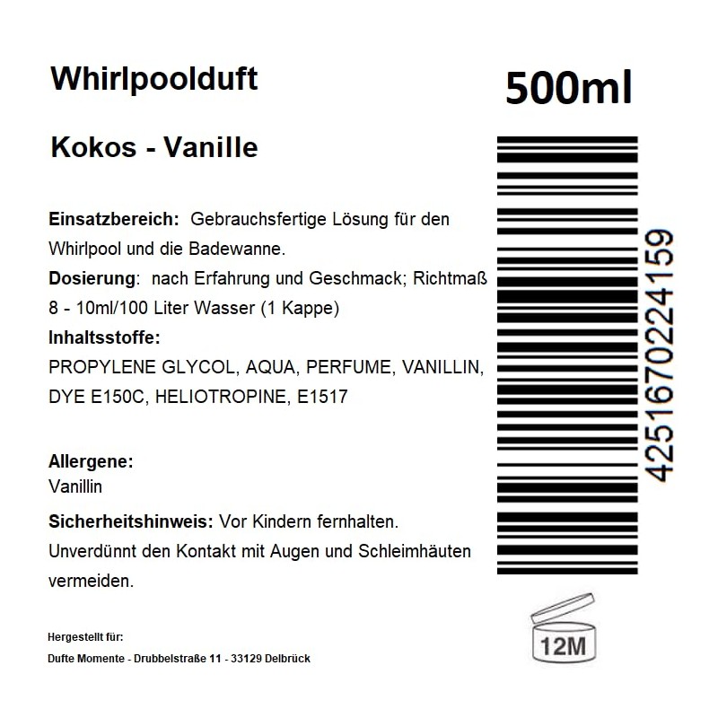 Dufte Momente Whirlpool Fragrance 500 ml Coconut Vanilla with Natural