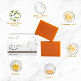 EUQEE Tranexamic Kojic Acid Soap, Tranexamic Soap Bars with Double Acid Whitening For Reduce Appearance of Dark Spots, Skin Discoloration, Even Out Skin Tone with a Foaming Net (2x142g)