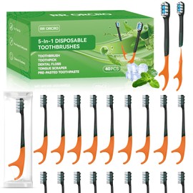 40Pack Disposable Toothbrushes with Toothpaste + Pick + Floss + Tongue Scraper 5-in-3 Mini Prepasted Travel Toothbrush for Hotel Camping Flight Car Single Use Portable Individually Wrapped | Mint