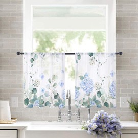 Flower Sheer Curtains 54 Inches Length Blue Hydrangea Voile Curtains Eucalyptus Leaves Elegant Floral Rod Pocket Semi Sheer Window Curtain for Living Room Bedroom Home Kitchen Yard Decor 2 Panels