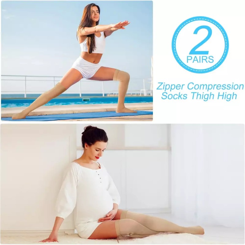 Sosation 2쌍 지퍼 압박 양말 허벅지 높이 20-30mmhg 클로즈드 토
