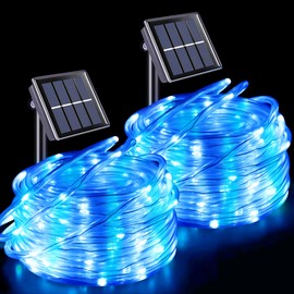 YEGUO Solar Rope Lights Outdoor Waterproof LED, 2 Pack Each 33ft 100 LED String Lights Outdoor, Clear PVC Tube White and Blue Solar Christmas Lights