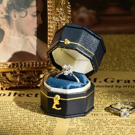 TAIMY Classical Victorian Style Wedding Tiny Ring Box, Handcrafted Gift Ring Box Proposal Pocket Size Small Keepsake Jewelry Box (Blue, Octagon)
