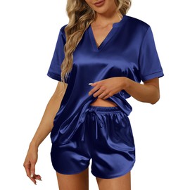 Ekouaer Satin Pajamas Women's Short Sleeve Sleepwear Soft Silk V Neck Loungewear Pjs Shorts Set Sexy Sleep Sets Navy Blue