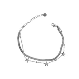 Aesthetic Star Charm Stainless Steel Bracelet for Women Teen Double Snake Chain Adjustable Y2k Cute Pentagram Pendant Layered Bangle Stackable Fashion Dainty Summer Beach Birthday Jewelry Gift (Silver)