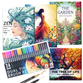 Adult Coloring Book for Adults Relaxation, Mindfulness Coloring Book with 24 Dual Tip Markers, Stress Relief Gifts for Women with 128 Patterns Include Tree Garden Zen Meditation Style (4 Pack)