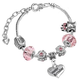 Happy Birthday Womens Sparkly Pink Adjustable Birthday Charm Bracelet with Gift Box Birthday Gifts for Her