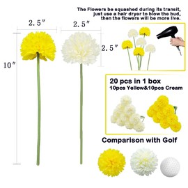 Blooming Paradise 20Pcs Artificial Fake Flower Plants Silk Chrysanthemum Ball Hydrangea Arrangements Wedding Bouquets Decor Home Kitchen Garden Party Table Floral Centerpieces DIY (White&Yellow)