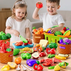 NIPLOOOW Play Food Set for Kids, Toddler Learning Toys, Cutting Food Toy Color Sorting Set, Pretend Food Play Kitchen Accessories for Kids, Birthday Gifts for 3-8 Years old Boys Girls Educational Toys