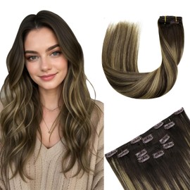 Hetto Clip in Hair Extensions Balayage Brown Clip in Hair Extensions Real Human Hair Brown Caramel Blonde Human Hair Extensions Clip ins Silky Straight 14 Inch 80g