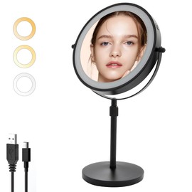 owosald 8" Adjustable Height Makeup Mirror with Lights, 1X/10X Magnification, USB Rechargeable 2000mAh, Black, 360° Rotation