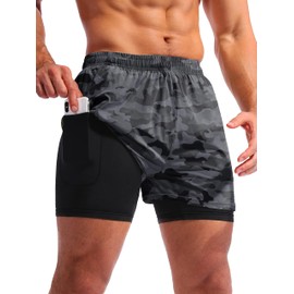 Pudolla Pantalones Cortos de Correr 2 en 1 para Hombre de 5 Pulgadas, Secado rápido, Pantalones Cortos de Entrenamiento atléticos para Hombre con Bolsillos para teléfono, Negro camuflado, Small