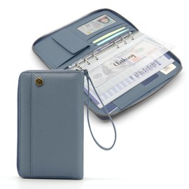 VLKAVIVA A6 Binder Cash Envelope System Wallet, Money Saving Budget Planner Notebook, 6 Rings Refillable Compact Cash Stuffing Binder, RFID Zipper Planner with Genuine Leather Cover (Blue)