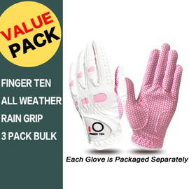 FINGER TEN Golf Gloves Women's Ladies Left Hand or Right Handed Grip Weathersof Value 3 Pack, Fit Size Medium Small Large Pro Design (White&Pink-3 Pack, Large-Worn on Right Hand)
