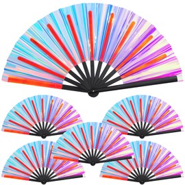 Purpeak 6 Pcs Large Folding Fans for Line Dancing 13" Big Holographic Rave Handheld Fans Popping Clapping Fans Boots on the Ground Fan for Women(Blue)