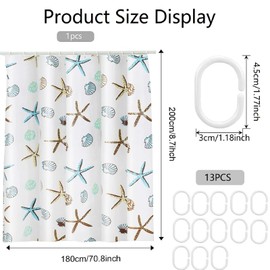Shower Curtains Anti-Mould for Bathroom, 180 x 200 cm Waterproof Shower Curtain, Bathroom Shower Curtain, Starfish Shower Curtain, Waterproof for Bath, Bathroom Curtain for Bathroom Tubs, with 12