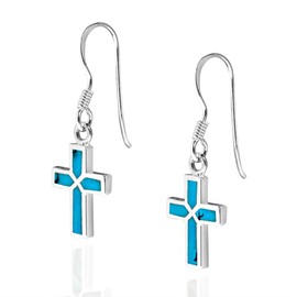 Mini Cross Inlaid Simulated Blue Turquoise .925 Sterling Silver Dangle Earrings