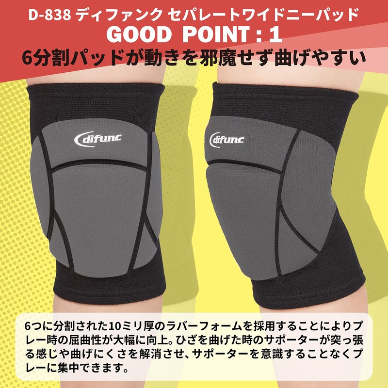 D&M(ディーアンドエム) 膝サポーター バレーボール 膝用 10mm 薄型 分割パッド 大人用 1個入 黒