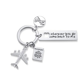 PiercingJak Keyring Engraved Wherever You Go Come Back To Me Little Finger Promise Plane Pendant Travel Flight Travel Gift for Travellers Pilots Flight Attendants Aviation Gift, silver