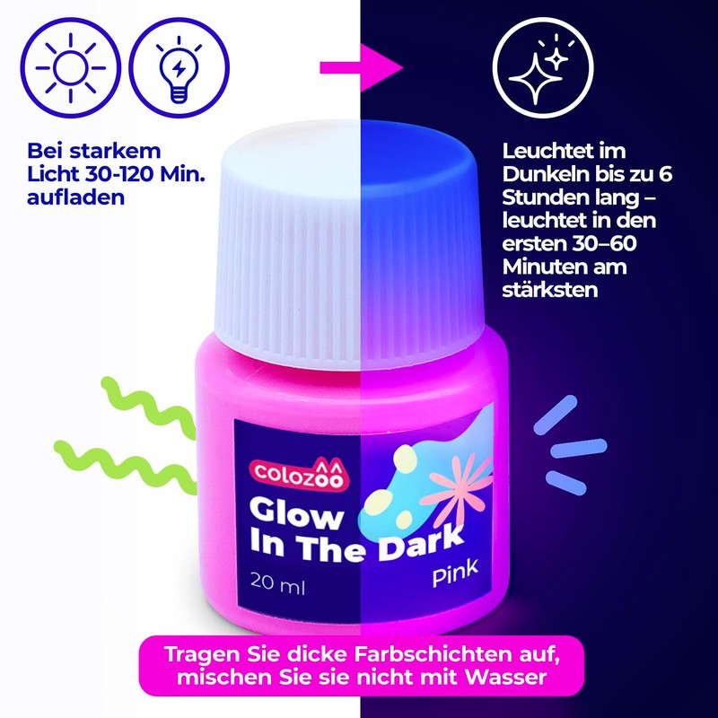 colozoo Glow-in-the-Dark Acrylic Paint Set | 8 x 20 ml