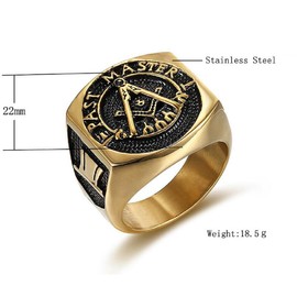 Fachoice Gold Masonic Master Mason Signet Ring for Men Vintage Freemason Ring, Rock Mason Ring Classic Freemason Biker Ring Men’s Hip Hop Masonic Symbol Jewelry Masonic Compass Ring (10)