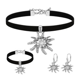 DUOBEY 3 Pcs Oktoberfest Jewelry Set for Women Traditional Bavarian Edelweiss Jewelry Set, Adjustable Black Velvet Choker Necklace Bracelet Rhinestone German Edelweiss Earrings