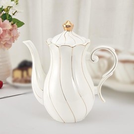 DUJUST British Style Porcelain Teapot (40oz), Luxury Ceramic Teapot with Golden Trim, Food Grade Tea Pot with Built-in Filter, for Tea Party & Home Décor - White