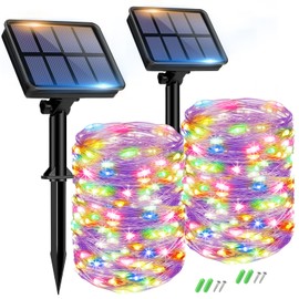 2 Pack Solar String Lights for Outside - 160LED 66FT Solar Fairy Lights Outdoor Waterproof 8 Modes, Copper Wire Solar Powered Twinkle Lights for Tree Garden Christmas Wedding Party Decor, Multicolor