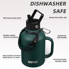 BJPKPK Large Insulated Water Bottles with Straw Lid & Handle, 50oz, 64oz, 87oz, 128oz Water Bottle with 3 Lids and Paracord Strap, Stainless Steel Metal Water Bottle, Insulated Water Jug, Army Green