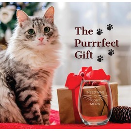 I Need Wine Right Meow (15 oz) Funny Birthday Wine Gift for Cat Lover - Cute Paw Print Kitchen Gifts for Women, Her, Present for Mom Dad - Crazy Cat Lady - Caturdays Wine Glasses - Cats Themed Charms