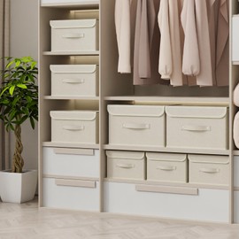 ENUMAIL Storage Boxes, Collapsible Storage Bins with Lids, Cotton and linen cloth Storage Baskets with Handle, for Books, Closet, Bedroom, Home, 13x9.1x7.9 in, Grey and Beige