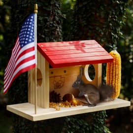 Lifavor Wood Squirrel Feeder House, Durable Squirrel Corn Holders for Outside with Roof, Large Squirrel Nuts Bar for Peanuts, Easy to Assemble and Fill, Patio Garden Decor (Large, Red Roof)