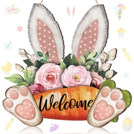 Moucuny Easter Wreaths for Front Door Easter Bunny Door Hanger Wooden Hanging Door Sign 11.8 x 11.8 Inch Rabbit Welcome Wreath Easter Floral Sign for Wall Porch Outside Farmhouse Home Indoor (Bunny)