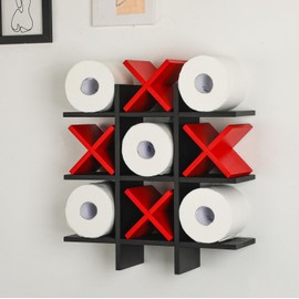 Weysat Tic Tac Toe Toilet Paper Holder Stand Bathroom Wall Decor Rustic Wooden Hanging Storage Freestanding Wall Mounted Shelves Decor for Toilet Tissue Farmhouse