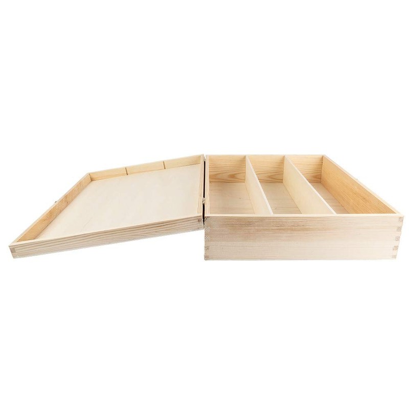 Wooden Wine Box with Lid 3 Inner Compartments 35cm x