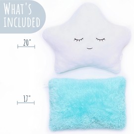 Perfectto Design Set of 2 Kid’s Decorative Pillows for Girls Toddler Room - Fluffy White Star Pillow and Aqua Teal Plush Pillow, Soft Girls Pillows Cute Kid’s Throw Pillows for Bed, Bedroom