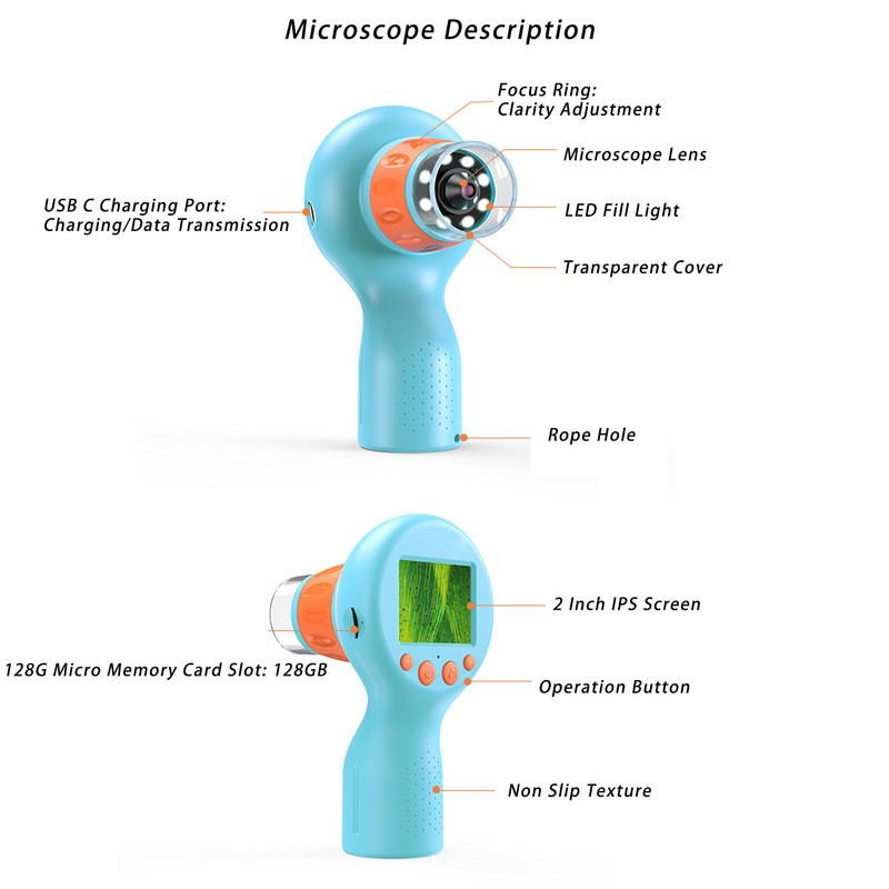 Kids Microscope with 8 LEDs IPS Eye Protection Screen 100X‑800X