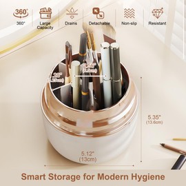 360° Rotating Toothbrush Holder with Cover, 7-Slot Bathroom Organizer for Electric Toothbrush, Toothpaste, Razors, Draining Water, Countertop Vanity Storage