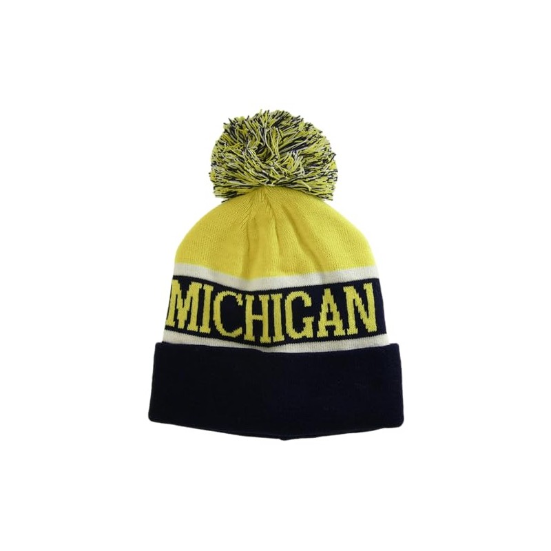 Michigan Wide Stripe Winter Knit Pom Beanie Hat (Dark Blue/Gold)