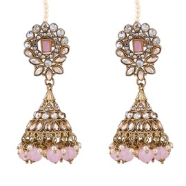 I Jewels Gold Plated Indian Wedding Bollywood Kundan & Pearl Jhumka Earrings With Attachable Ear Chain For Women (E3257Pi)