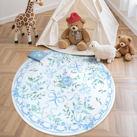 Collive Blue Bow Round Rugs for Girls, 4ft Floral Washable Circle Rug for Bedroom, Cute Ultra-Thin Non Slip Indoor Decor Carpet for Nursery Kids Room Playroom Living Room